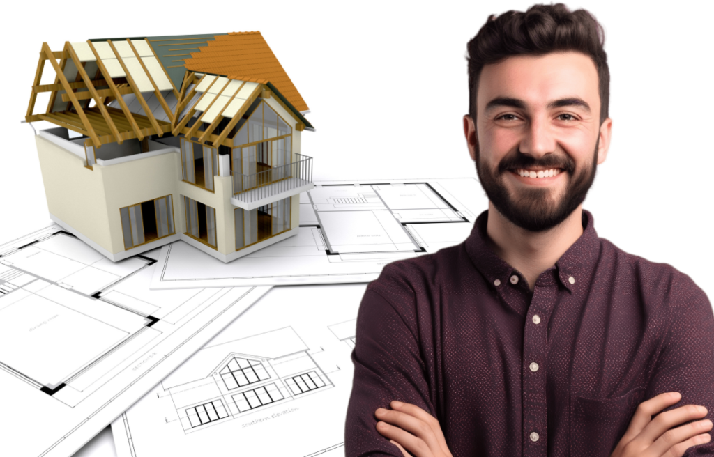 homme souriant qui vous regarde et en arrière plan le plan d'une maison en construction