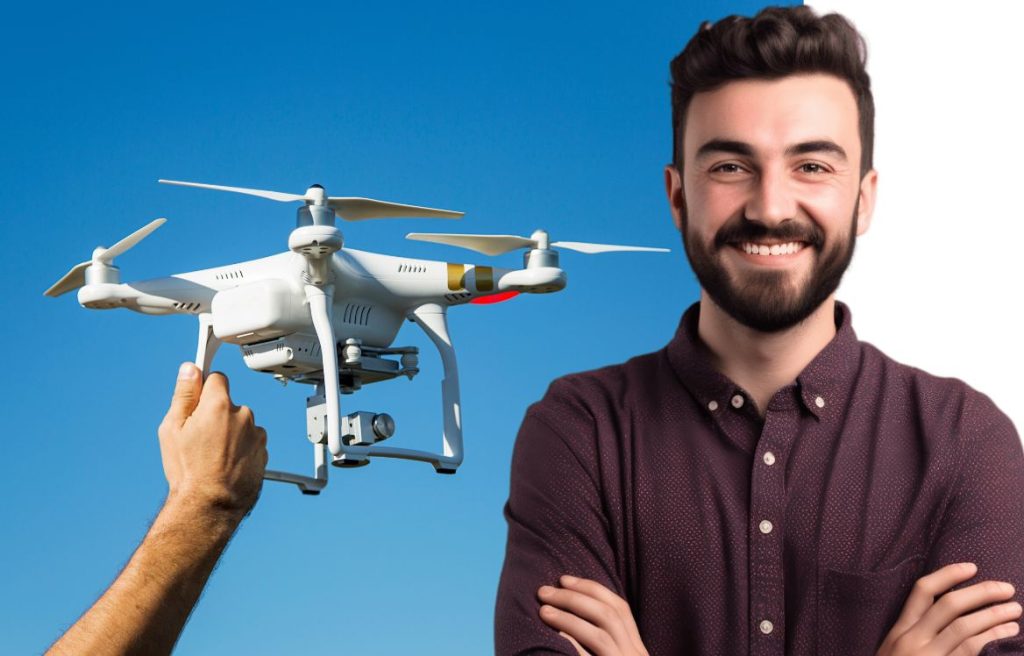 homme qui se tient debout les bras croisé et souriant. Derrière lui il y a une main qui tient un drone en l'air