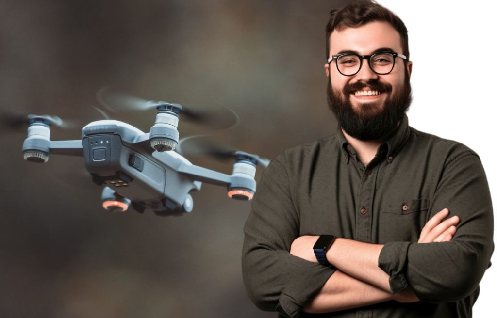 homme souriant les bras croisés, en arrière plan il y a un drone qui vole