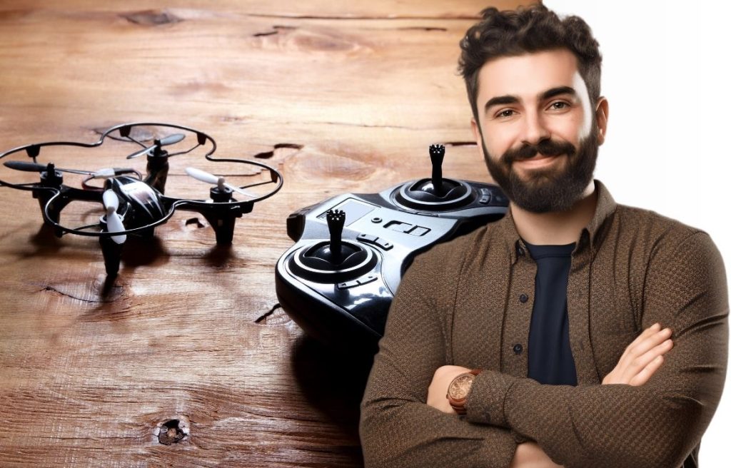 template ihomme souriant les bras croisés qui vous regarde et derrière lui il y a un drone posé sur une table avec une télécommande dillustration des articles coverin.fr 2023 08 29t151648.758