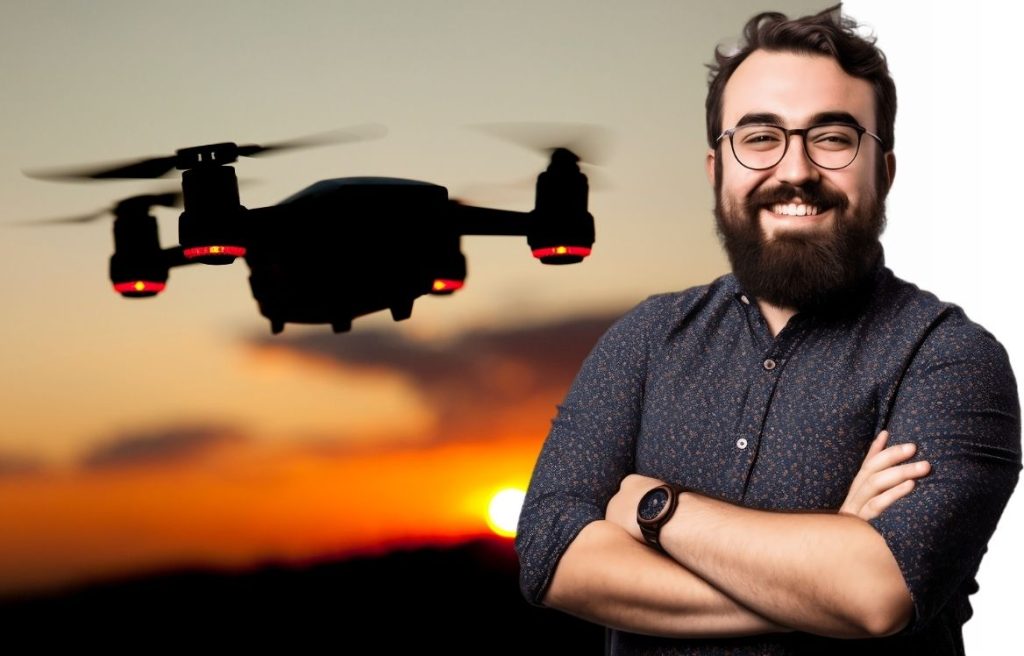 homme souriant qui vous regarde au premier plan et derrière lui il ya une photo d'un drone qui vole au couché du soleil