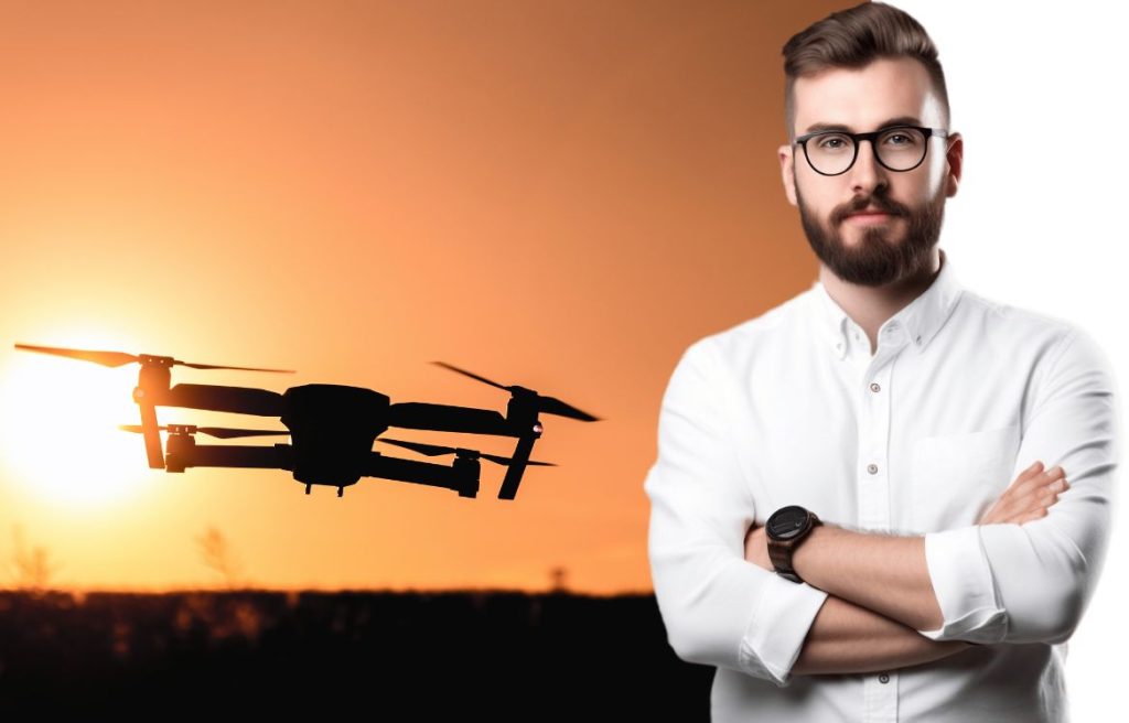 Homme souriant qui vous regarde les bras croisés et derrière lui il y a une photo d'un drone devant un couché de soleil