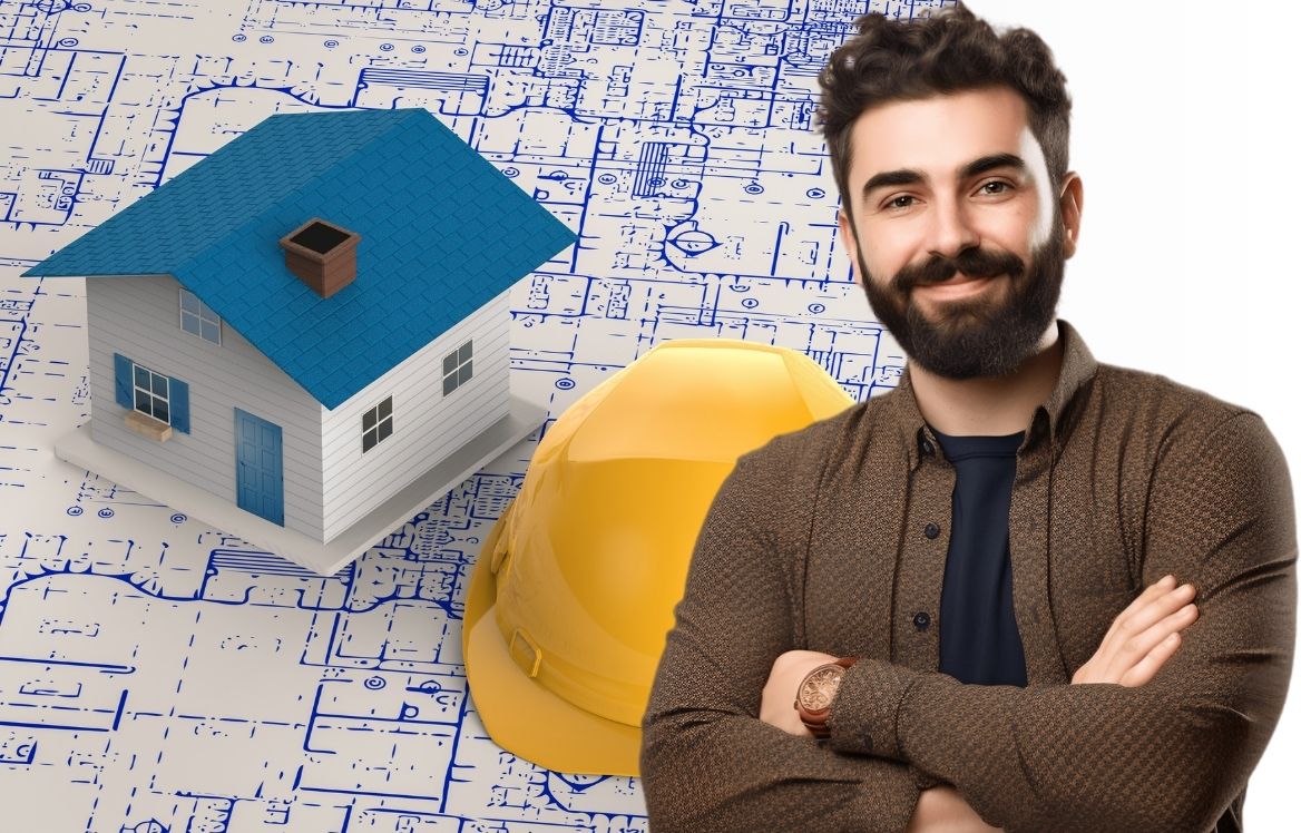 homme souriant les bras croisé qui vous regarde, derrière lui se trouve un plan et une maison miniature posé dessus.A coté il y a un casque de chantier