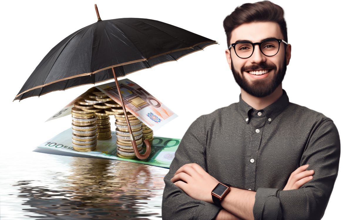 homme souriant et derrière lui une maison faite en billet et en pièce d'argent recouvert d'un parapluie